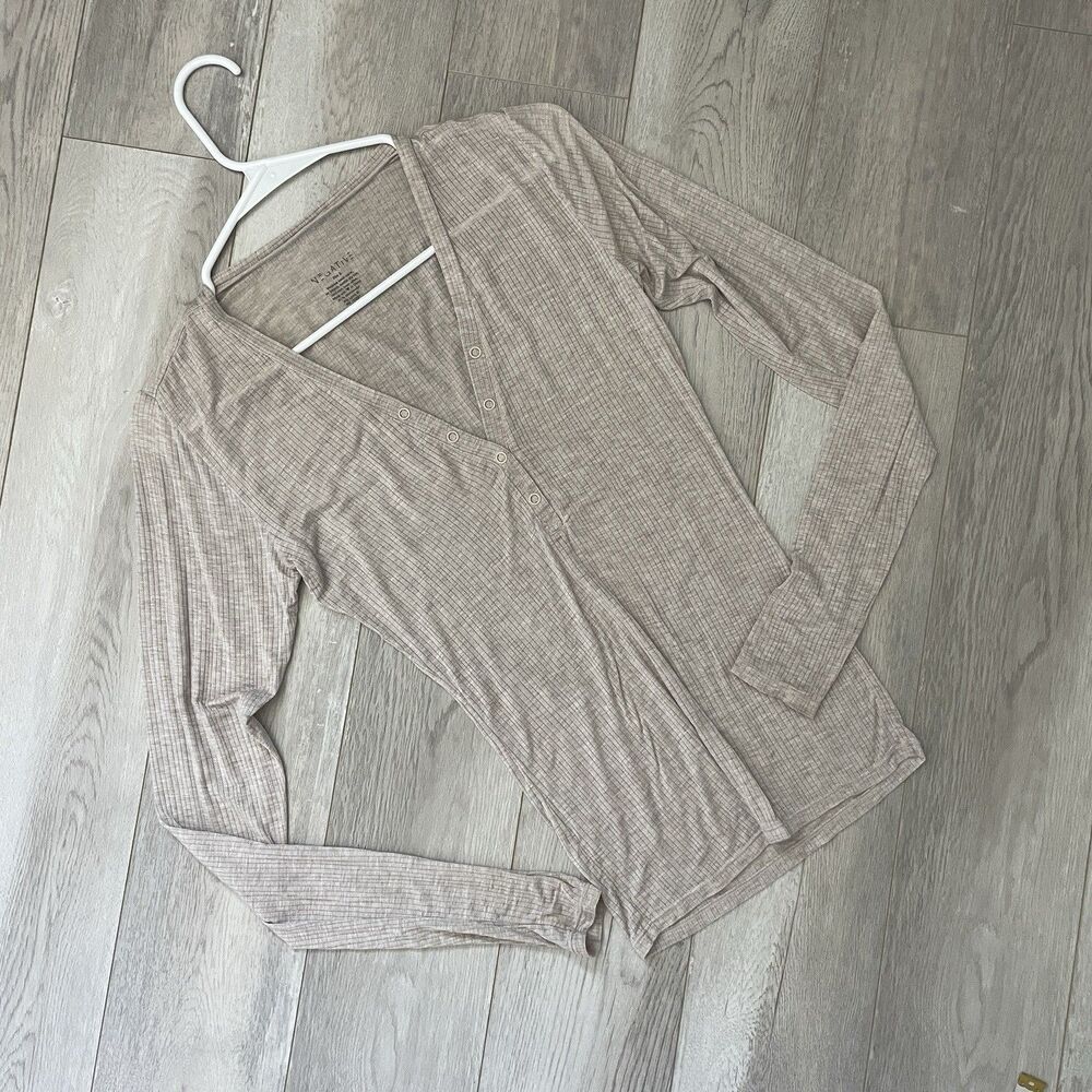 Negative Henley Top whippied ribbed long sleeve womens Beige (small) loungewear - Picture 3 of 6